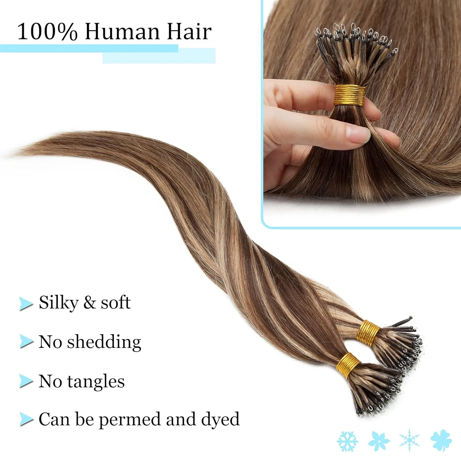SEGO Nano Tip Hair Extensions Human Hair Balayage Nano Beads Pre-bonded Seamless Nano Ring Highlight Hair Extensions for Women 1g/strand 50g/pack -16 Inch /4P27 Medium Brown&Dark Blonde