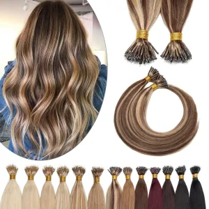 SEGO Nano Tip Hair Extensions Human Hair Balayage Nano Beads Pre-bonded Seamless Nano Ring Highlight Hair Extensions for Women 1g/strand 50g/pack -16 Inch /4P27 Medium Brown&Dark Blonde
