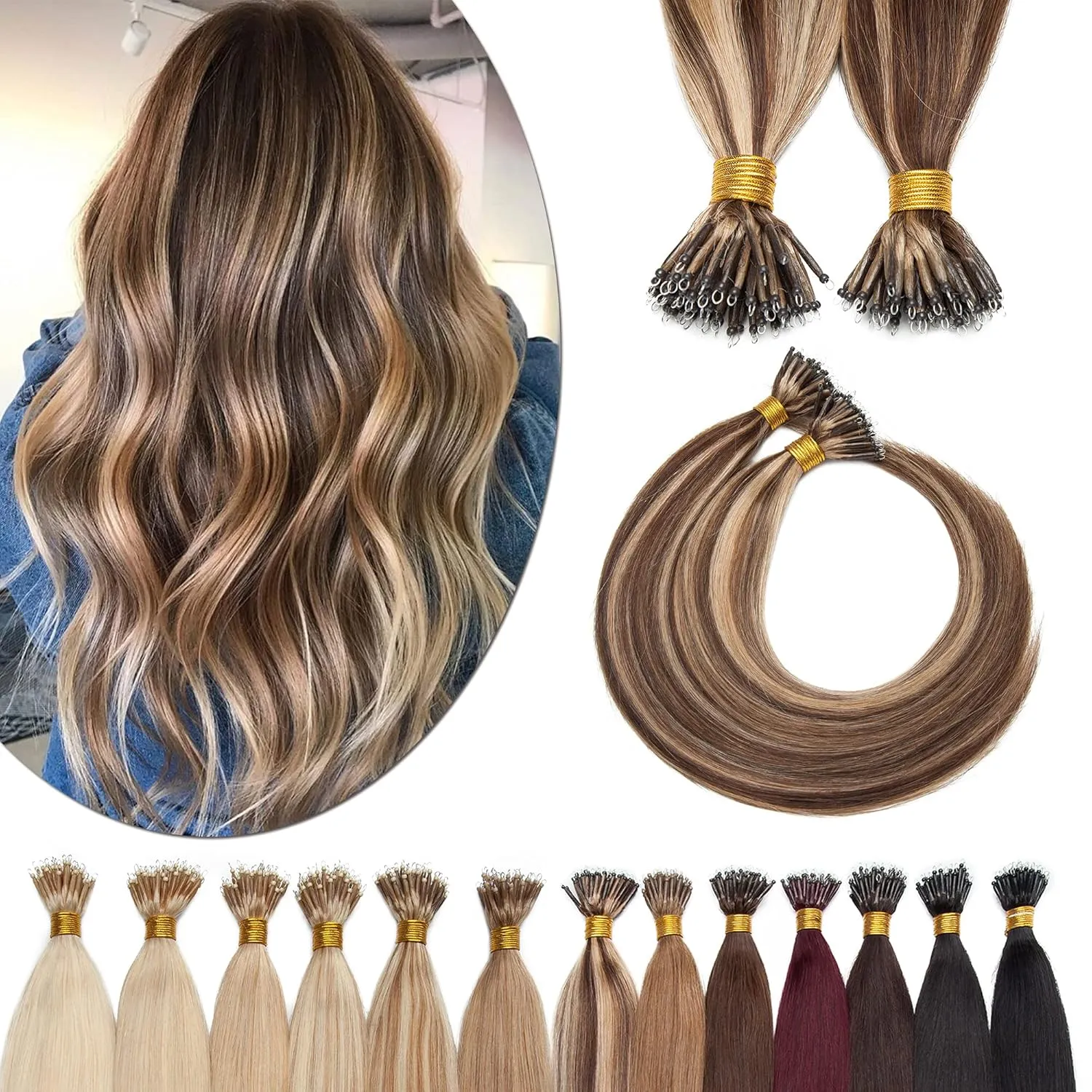 SEGO Nano Tip Hair Extensions Human Hair Balayage Nano Beads Pre-bonded Seamless Nano Ring Highlight Hair Extensions for Women 1g/strand 50g/pack -16 Inch /4P27 Medium Brown&Dark Blonde