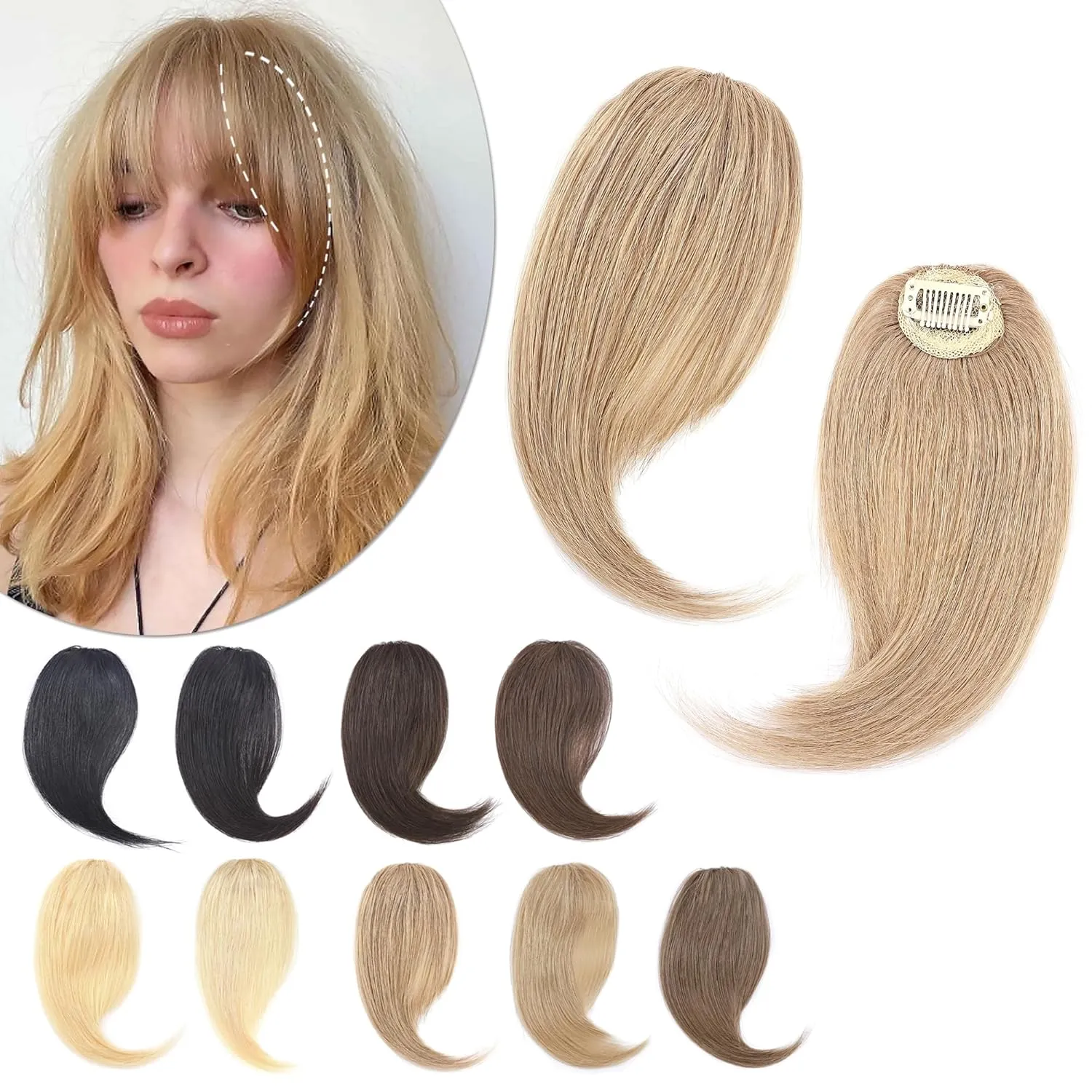 SEGO Side Bangs Clip in Bangs 100% Real Human Hair 10 inch 2PCS French Bangs Wave Fringe Swept Natural look Hair Piece 15g/Pcs/Dark Blonde