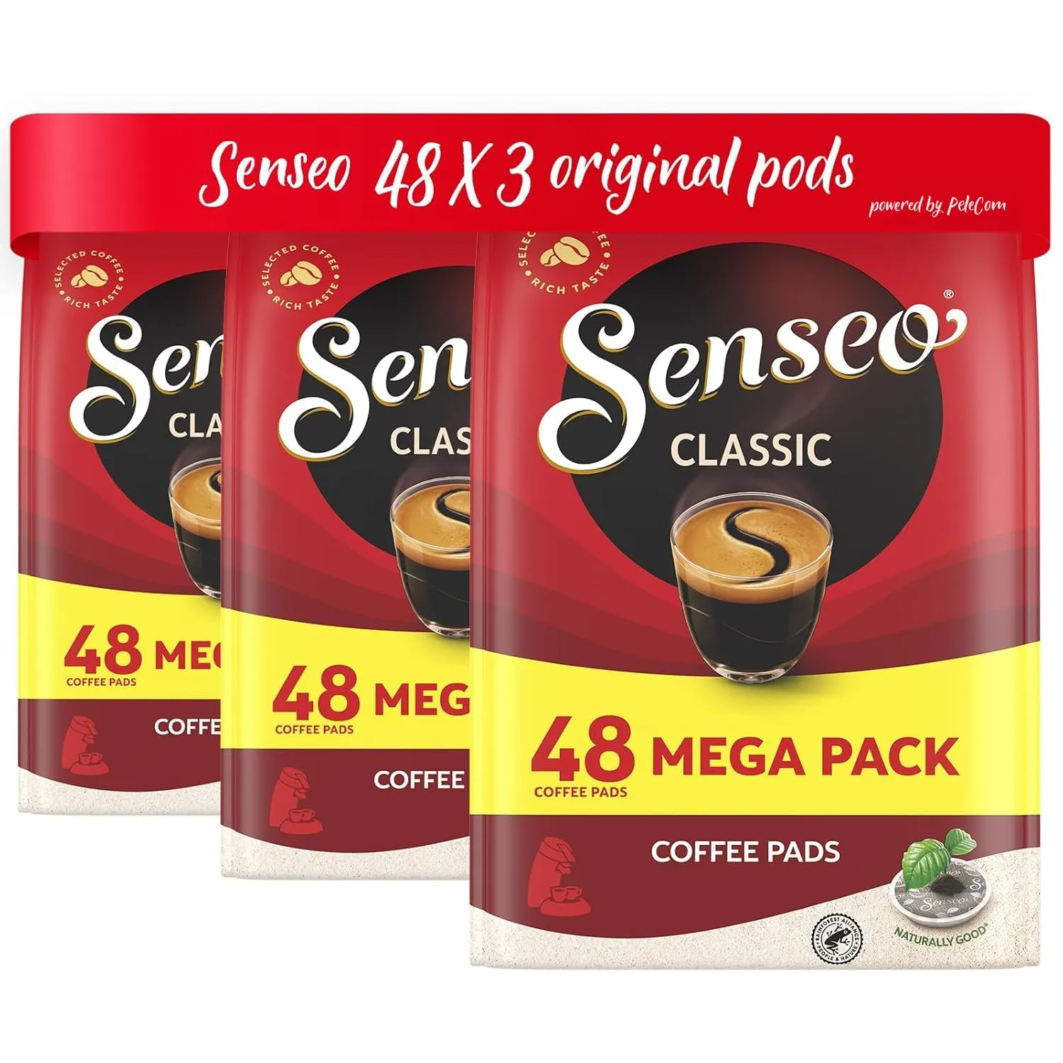 Senseo Classic Medium Roast Coffee Pods, 3 Packs, 144 Count, Smooth Flavor, Crema Layer on Top, Pads Compatible with PeleCom Machine