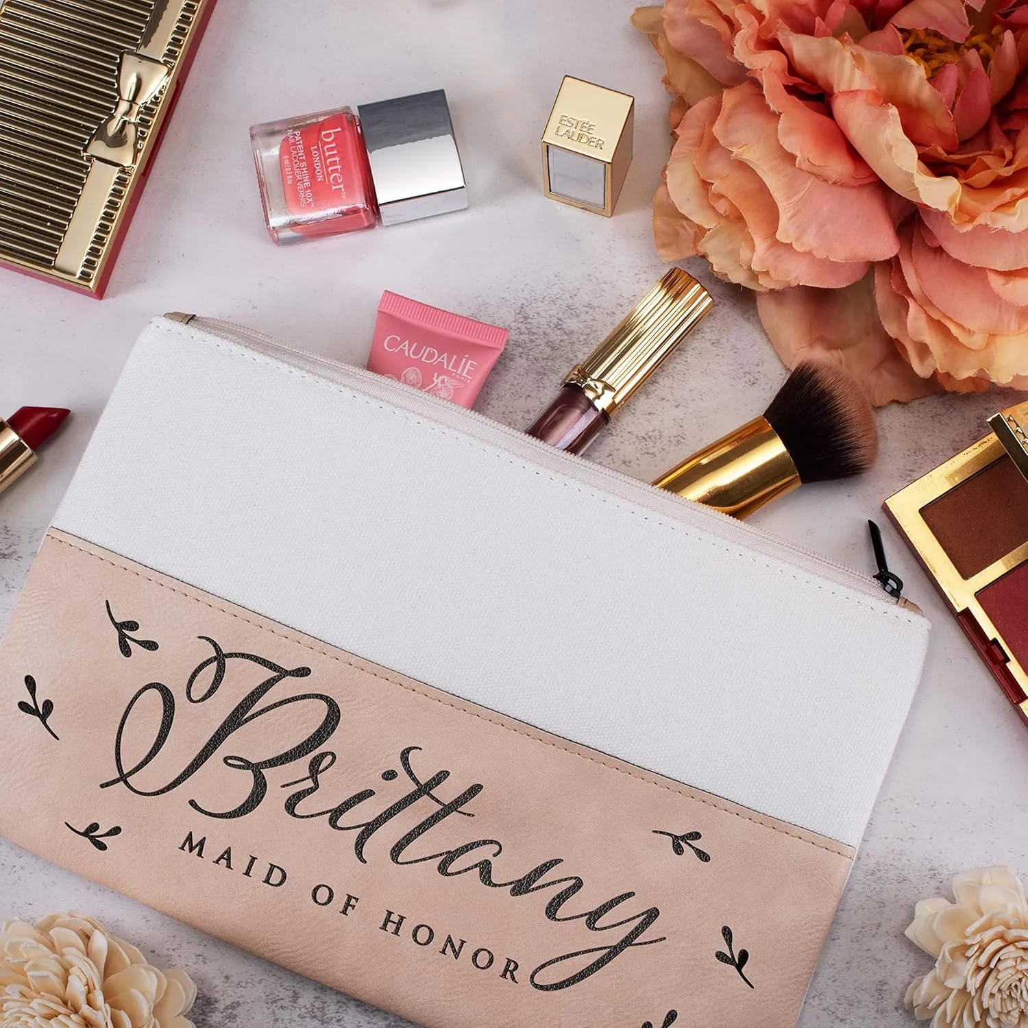 Set of 6 - Bridesmaid Gifts, Personalized Makeup Bag - 4 Designs- Custom Cosmetic Pouch w/ Name - 4 Color - Bridesmaid Proposal Gift, Gifts for Women, Gifts for Maid of Honor / Bridal Shower Gift