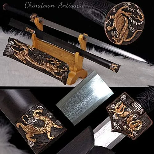 Sharp Qin Sword Multiple-Refined Folded Pattern Steel Blade /24k Gold-Plate 100% Handmade Grinding Polishing Chinese Longquan Sword Sword Jian Sharp Blade Battle Ready