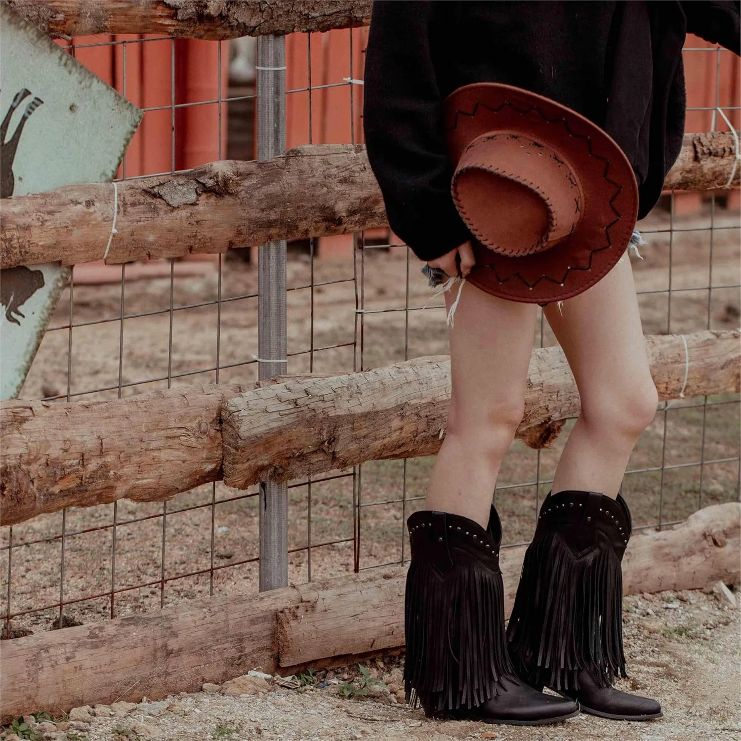 SheSole Women's Fringe Western Boots Wide Calf Riding Cowgirl Cowboy boots Black