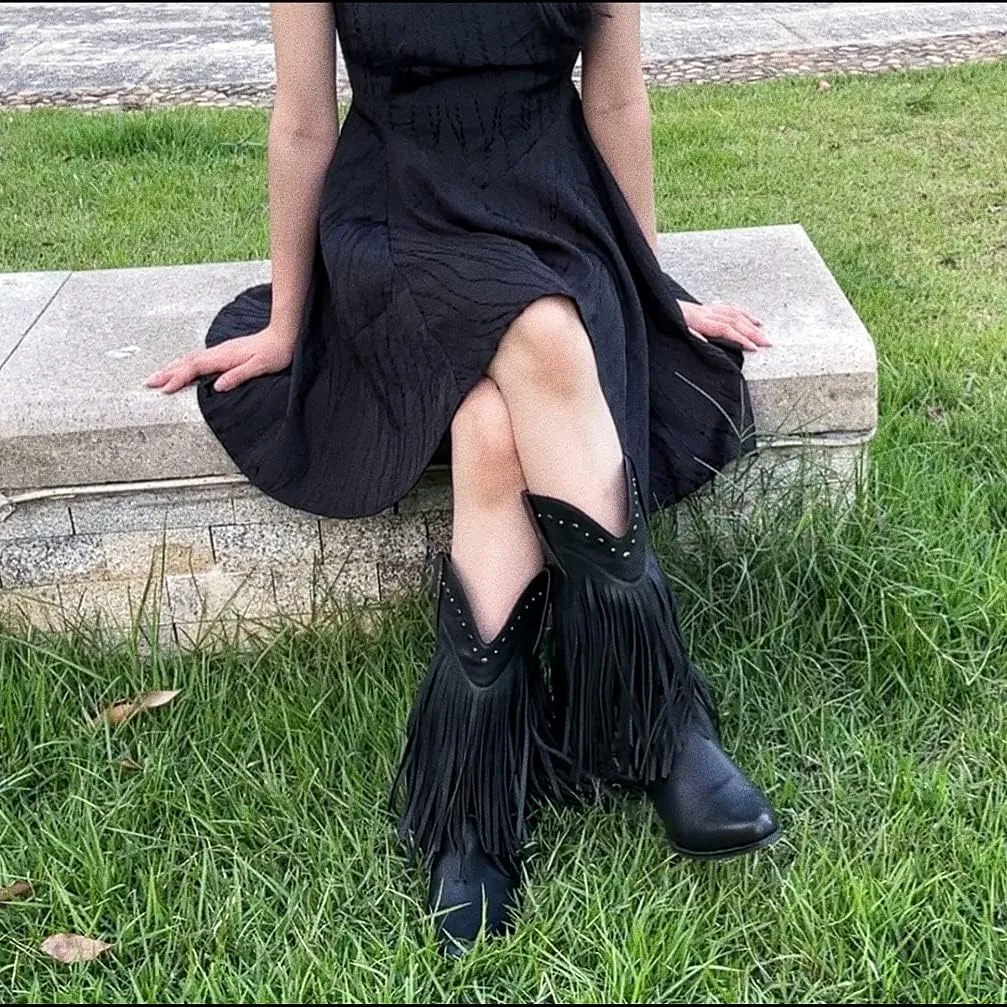 SheSole Women's Fringe Western Boots Wide Calf Riding Cowgirl Cowboy boots Black