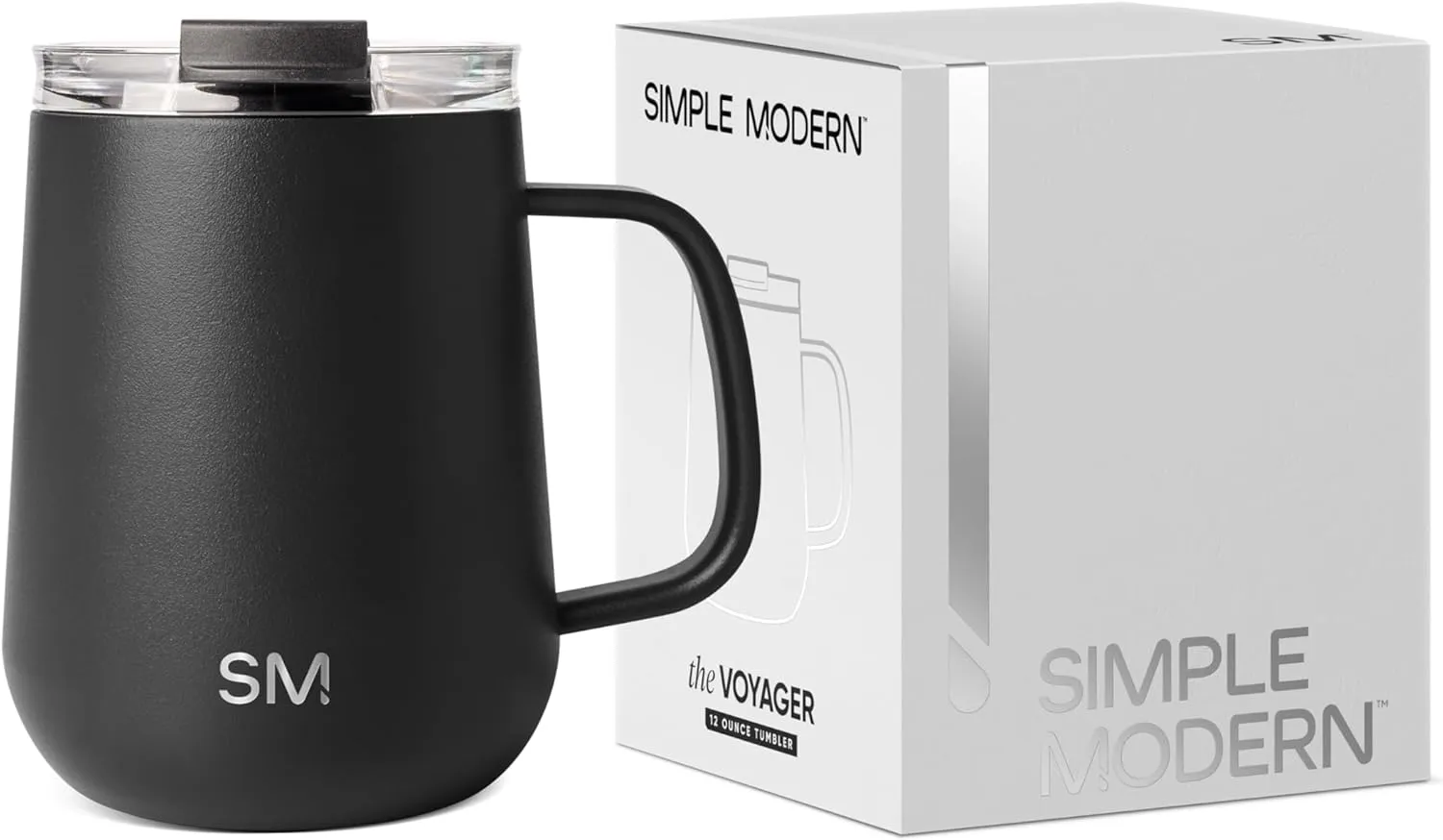 Simple Modern Travel Coffee Mug with Lid and Handle | Reusable Insulated Stainless Steel Coffee Tumbler Tea Cup | Gifts for Women Men Him Her | Voyager Collection | 12oz | Midnight Black