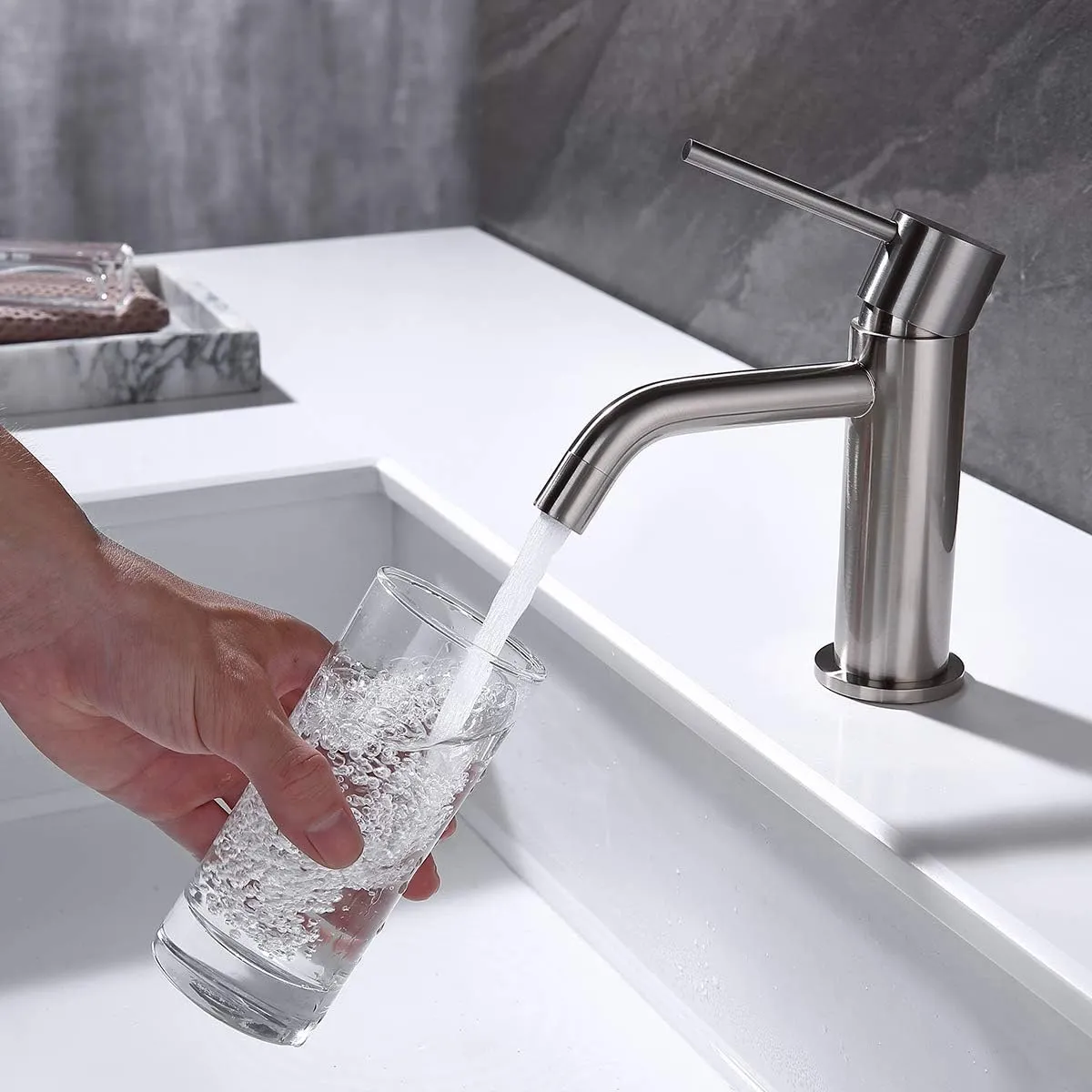 Single Hole Bathroom Sink Faucet with Pop-up Drain Assembly and Faucet Supply Lines, Brushed Nickel Single Handle Lavatory Basin Faucets Taps