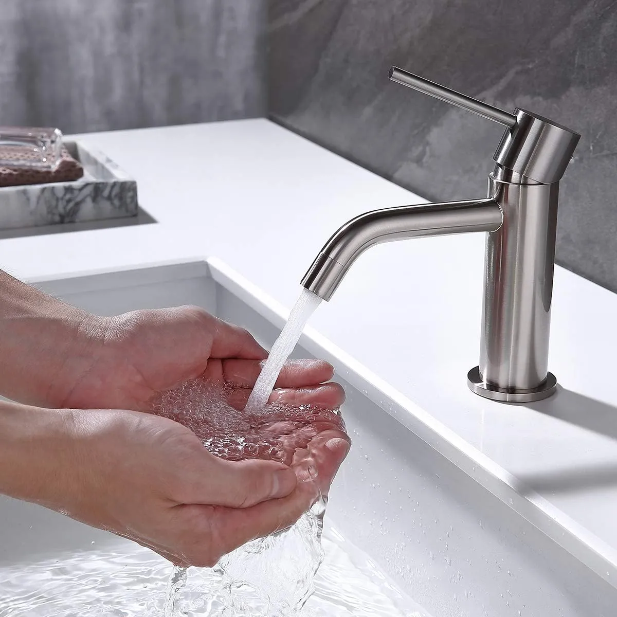 Single Hole Bathroom Sink Faucet with Pop-up Drain Assembly and Faucet Supply Lines, Brushed Nickel Single Handle Lavatory Basin Faucets Taps