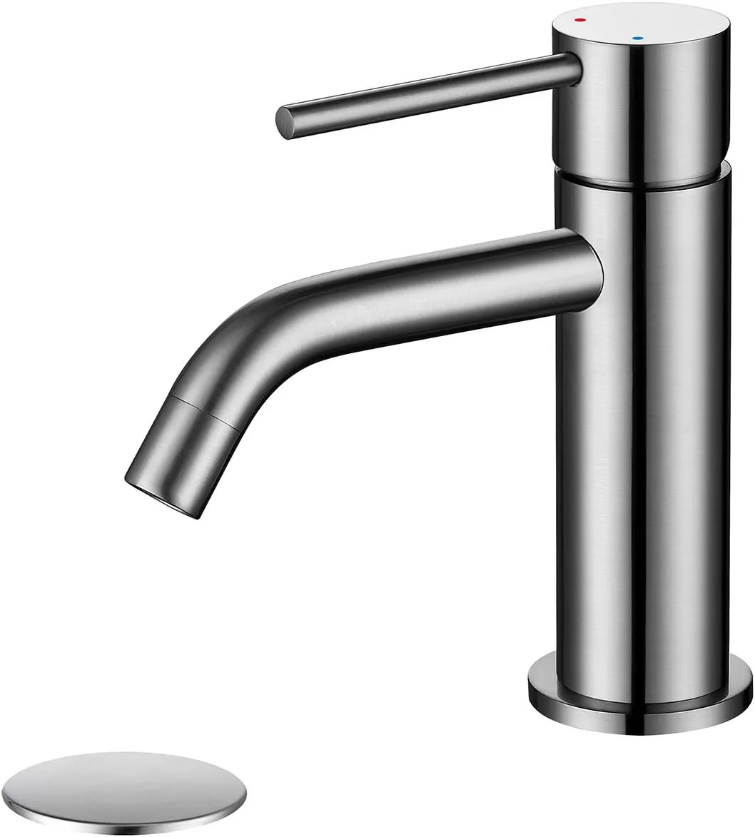 Single Hole Bathroom Sink Faucet with Pop-up Drain Assembly and Faucet Supply Lines, Brushed Nickel Single Handle Lavatory Basin Faucets Taps