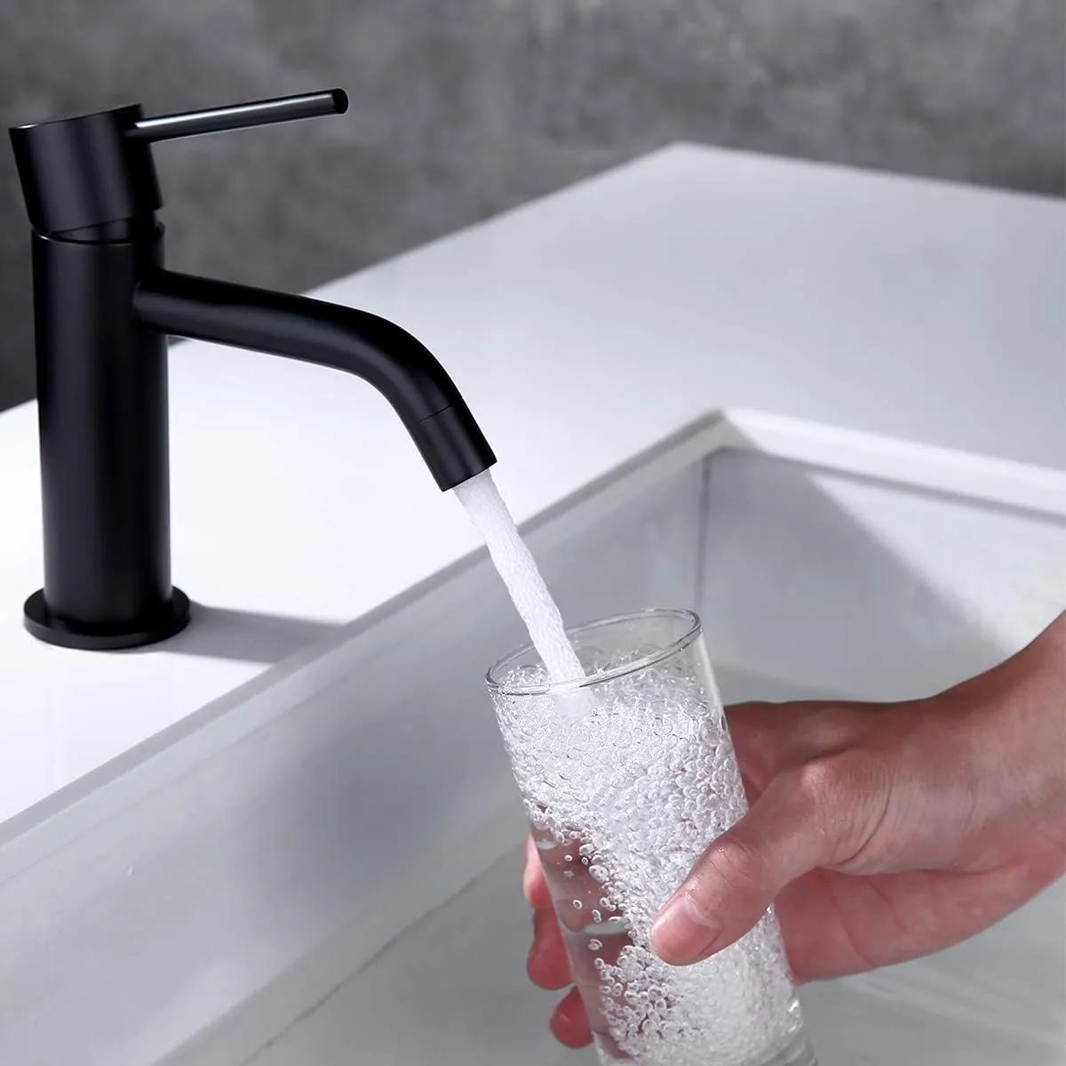 Single Hole Matte Black Bathroom Faucet with Pop Up Drain Assembly and Faucet Supply Hose, JXMMP Single Handle Lavatory Faucets for Sink, Black Sink Faucet Bathroom