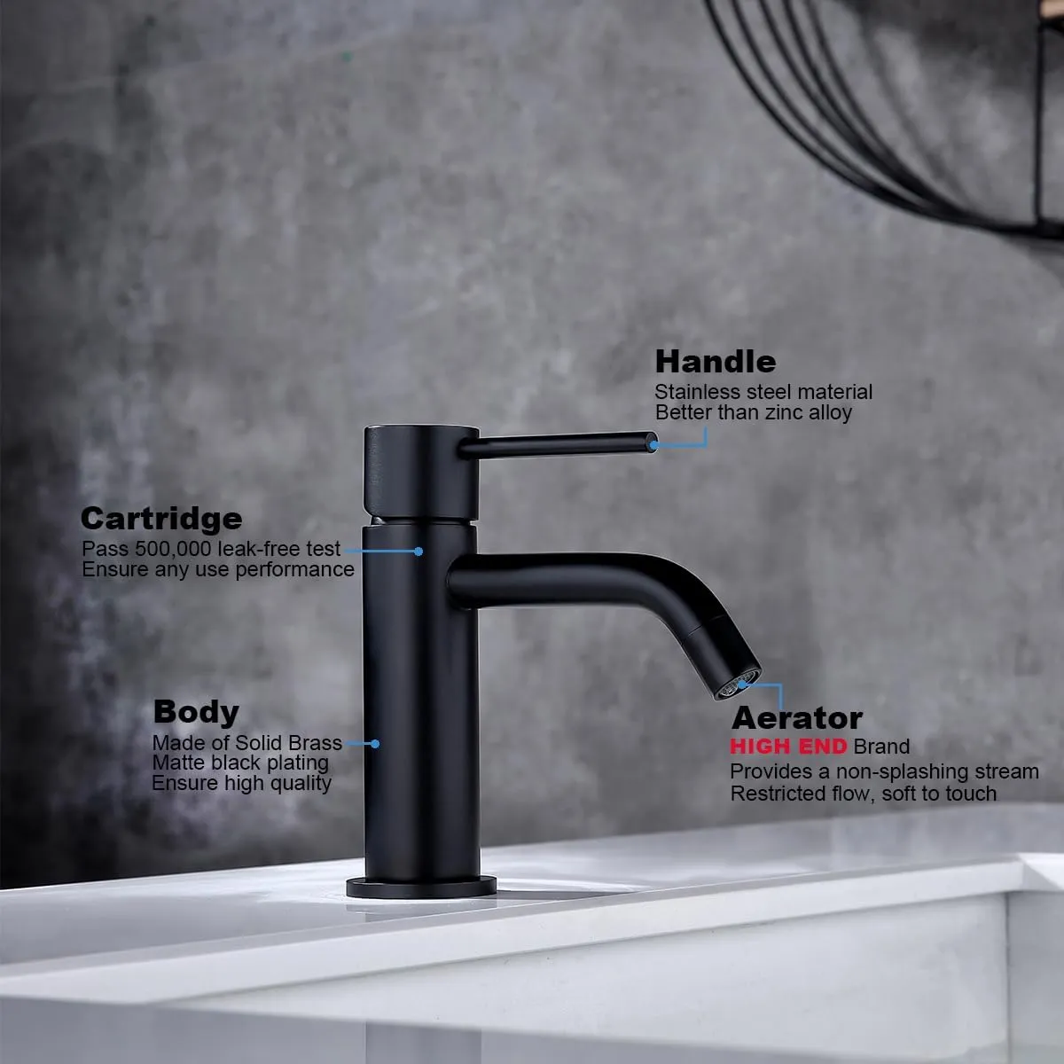 Single Hole Matte Black Bathroom Faucet with Pop Up Drain Assembly and Faucet Supply Hose, JXMMP Single Handle Lavatory Faucets for Sink, Black Sink Faucet Bathroom
