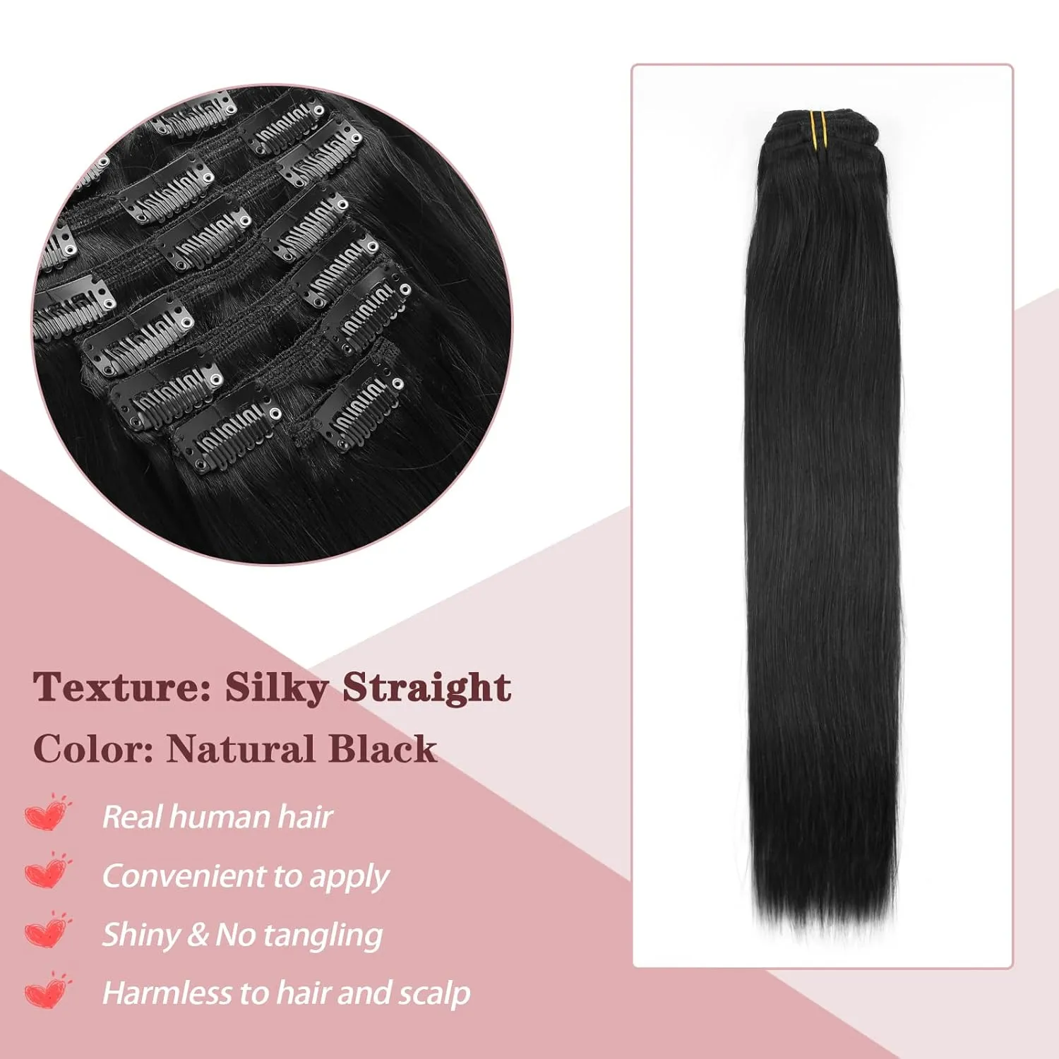 Sixstarhair Clip in Hair Extensions Black Women Brazilian Virgin Hair Natural Black 14 Inch Silky Straight Human Hair Extensions Double Weft 7 Pieces with 17Clips 120g per Pack