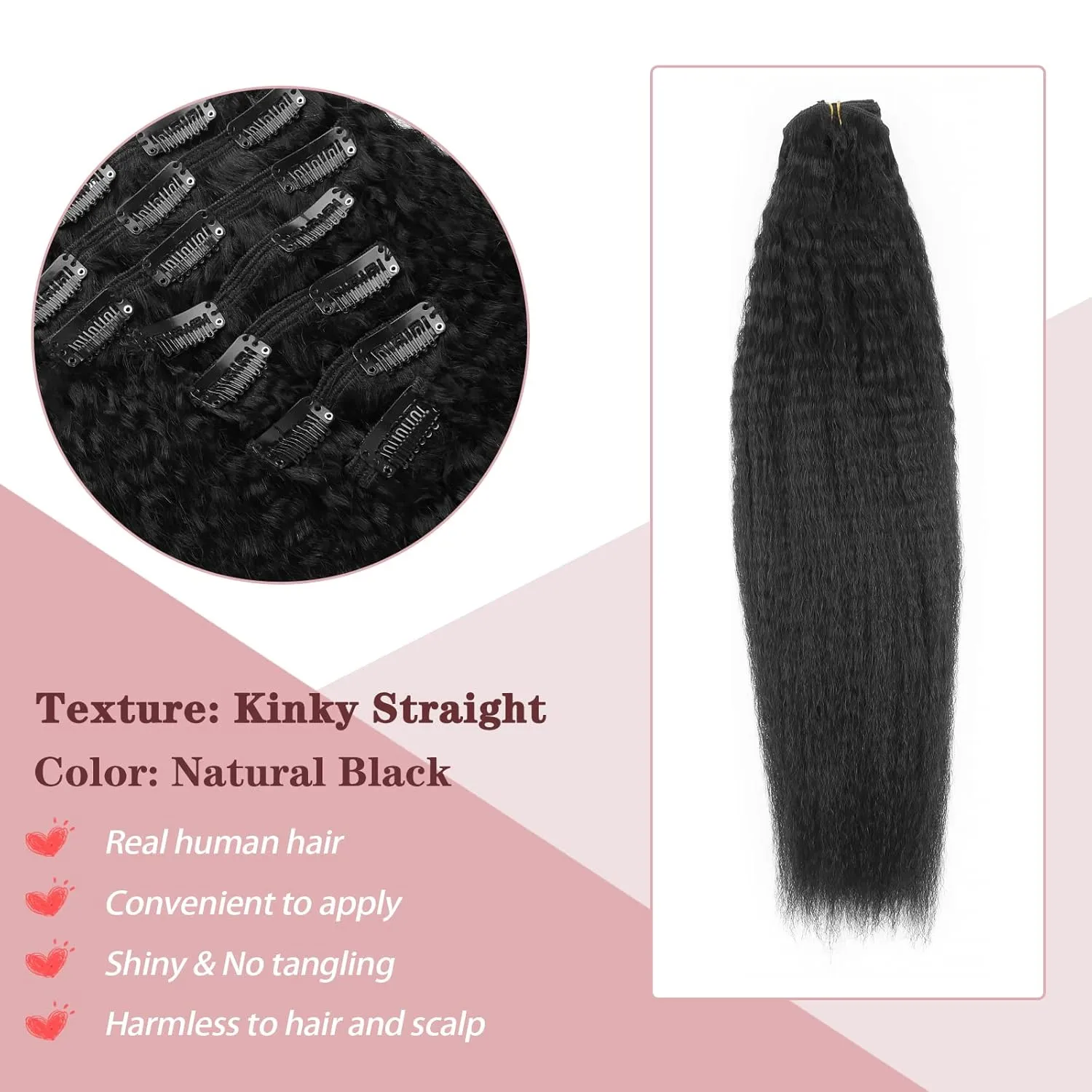Sixstarhair Clip in Hair Extensions Brazilian Virgin Hair Natural Black 18Inch Clip in Extensions for Black Women Double Weft Kinky Straight Real Human Hair 7 Pieces with 17Clips 120g per Pack