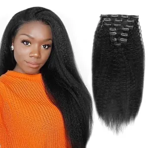 Sixstarhair Clip in Hair Extensions Brazilian Virgin Hair Natural Black 18Inch Clip in Extensions for Black Women Double Weft Kinky Straight Real Human Hair 7 Pieces with 17Clips 120g per Pack