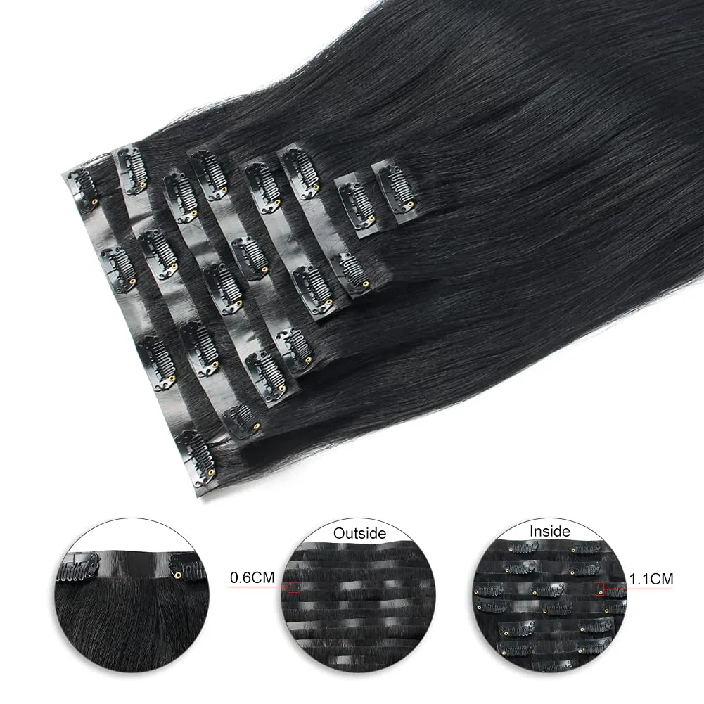 Sixstarhair Clip In Hair Extensions Human Hair Jet Black Hair Extensions 16 Inch 100 Remy Human Hair Extensions Silky Straight Grade 9A Extensions for Thick Hair