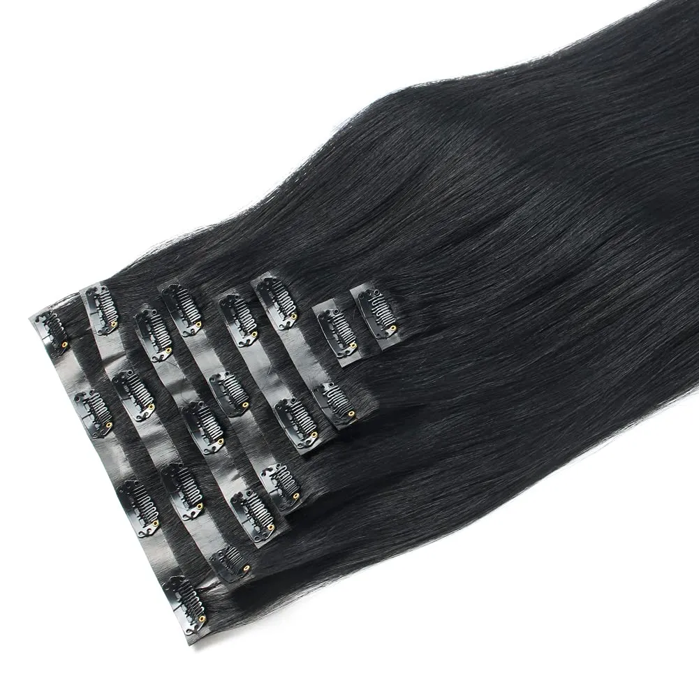 Sixstarhair Clip In Hair Extensions Human Hair Jet Black Hair Extensions 16 Inch 100 Remy Human Hair Extensions Silky Straight Grade 9A Extensions for Thick Hair