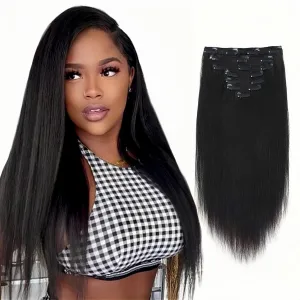 SixStarHair Clip In Hair Extensions Real Human Hair Yaki Straight Human Hair Clip Ins For Black Women Double Wefted Coarse Yaki Straight Hair Extensions 9A Grade Human Hair 7 Pieces 18inch