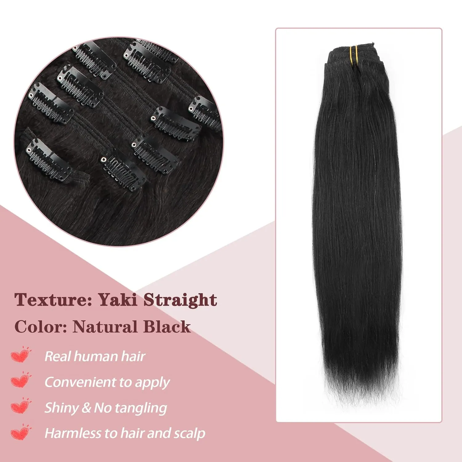 SixStarHair Clip In Hair Extensions Real Human Hair Yaki Straight Human Hair Clip Ins For Black Women Double Wefted Coarse Yaki Straight Hair Extensions 9A Grade Human Hair 7 Pieces 18inch