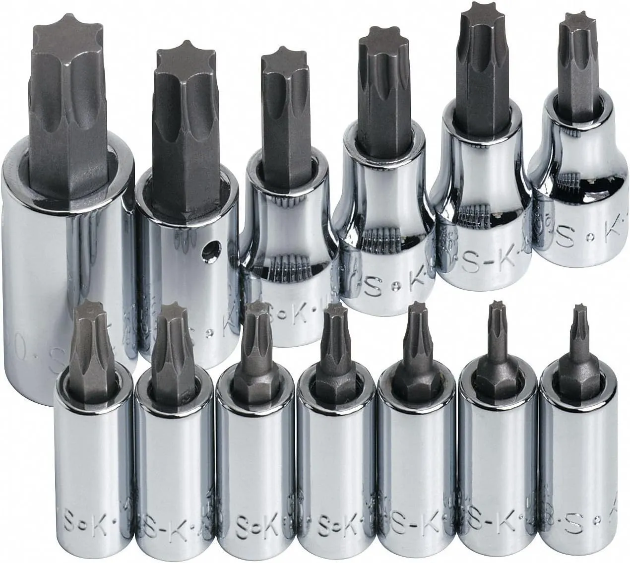 SK Tools USA 1/4", 3/8" & 1/2" Drive, 13 Piece, Standard, Chrome TORX® Bit Socket Set: T8 - T60 | 84213