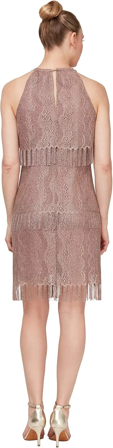 S.L. Fashions Women's Blouson Halter Crochet Fringe Hem Short Dress (Missy Petite)