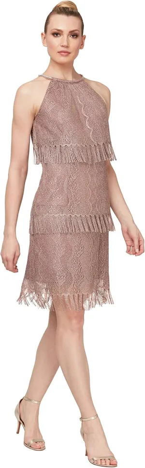 S.L. Fashions Women's Blouson Halter Crochet Fringe Hem Short Dress (Missy Petite)