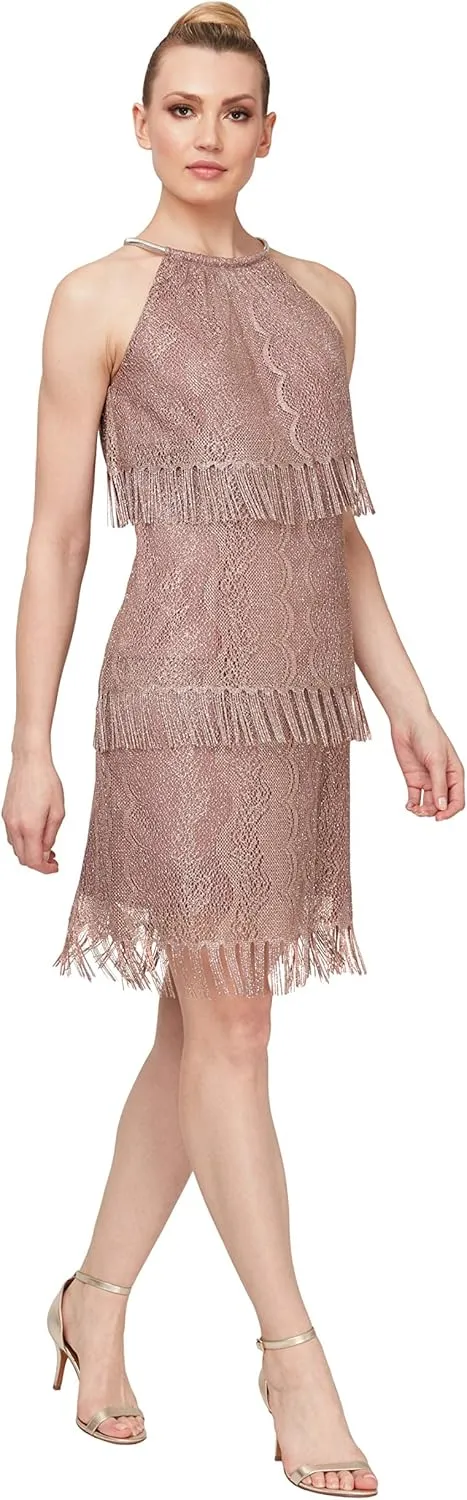S.L. Fashions Women's Blouson Halter Crochet Fringe Hem Short Dress (Missy Petite)