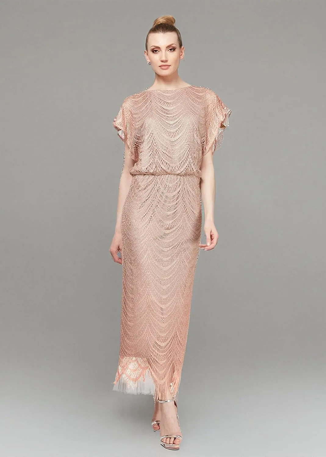 S.L. Fashions Women's Metallic Crochet Dress with Fringe Hemline