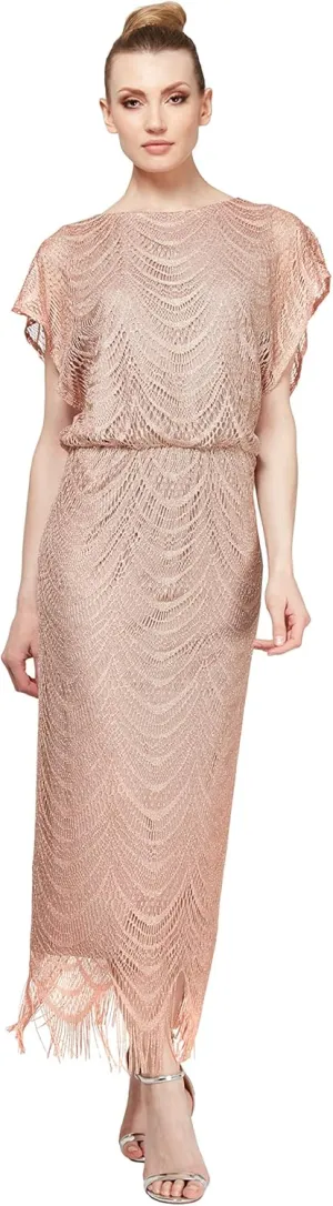 S.L. Fashions Women's Metallic Crochet Dress with Fringe Hemline