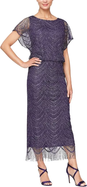 S.L. Fashions Women's Metallic Crochet Dress with Fringe Hemline