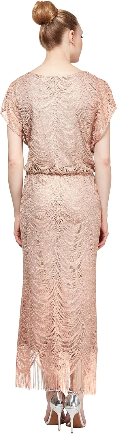 S.L. Fashions Women's Metallic Crochet Dress with Fringe Hemline