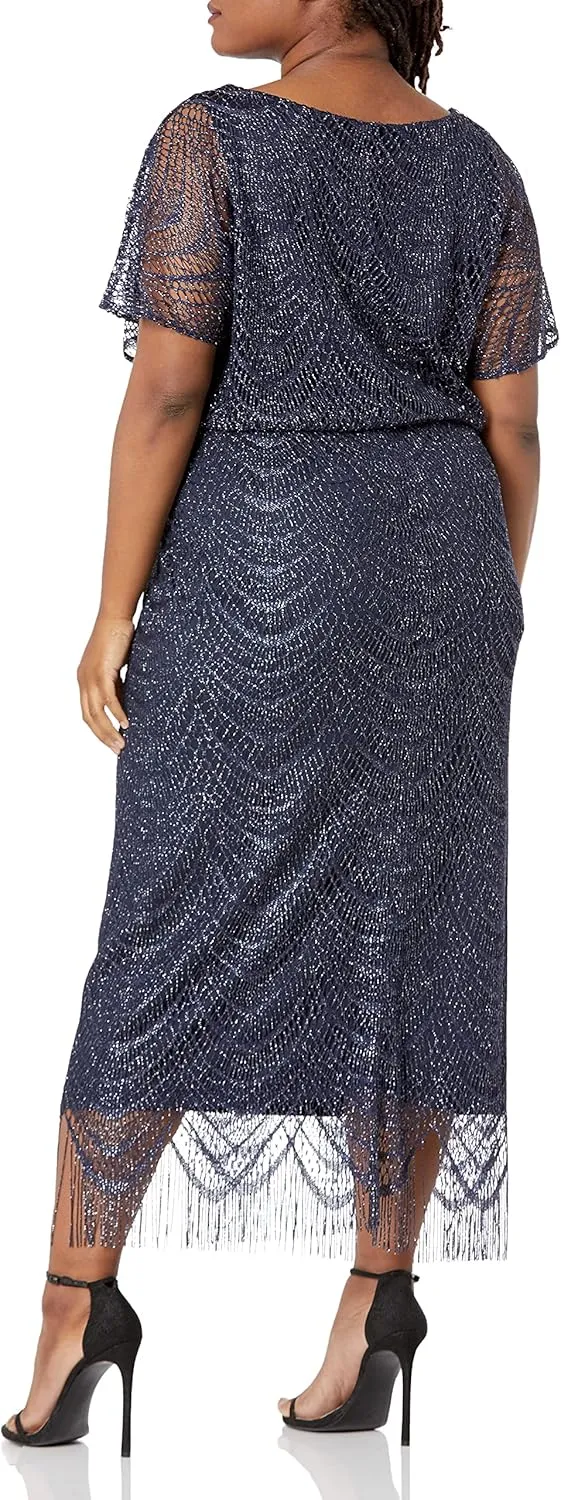 S.L. Fashions Women's Plus Size Metallic Blouson Crochet Dress