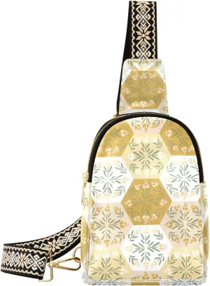 Sling Bag Leather Crossbody Bags Flowers Light Yellow Hexagonal Tile Waist Packs Fanny Pack Chest Bag Travel Purse for Women Traveling Daily Shopping