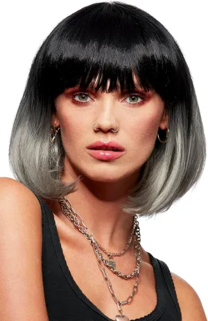Smiffys Official Manic Panic® Alien Grey™ Ombre Glam Doll™ Wig, Stylish Bob, Heat Styleable Wig with Adjustable Cap, in Black & Grey Ombre Colours with Fringe. Pre-styled classic bob wig