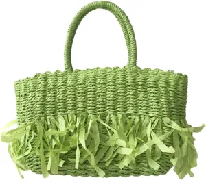 Soirée Fringe Trim Woven Straw Handheld Tote Bag, Lime