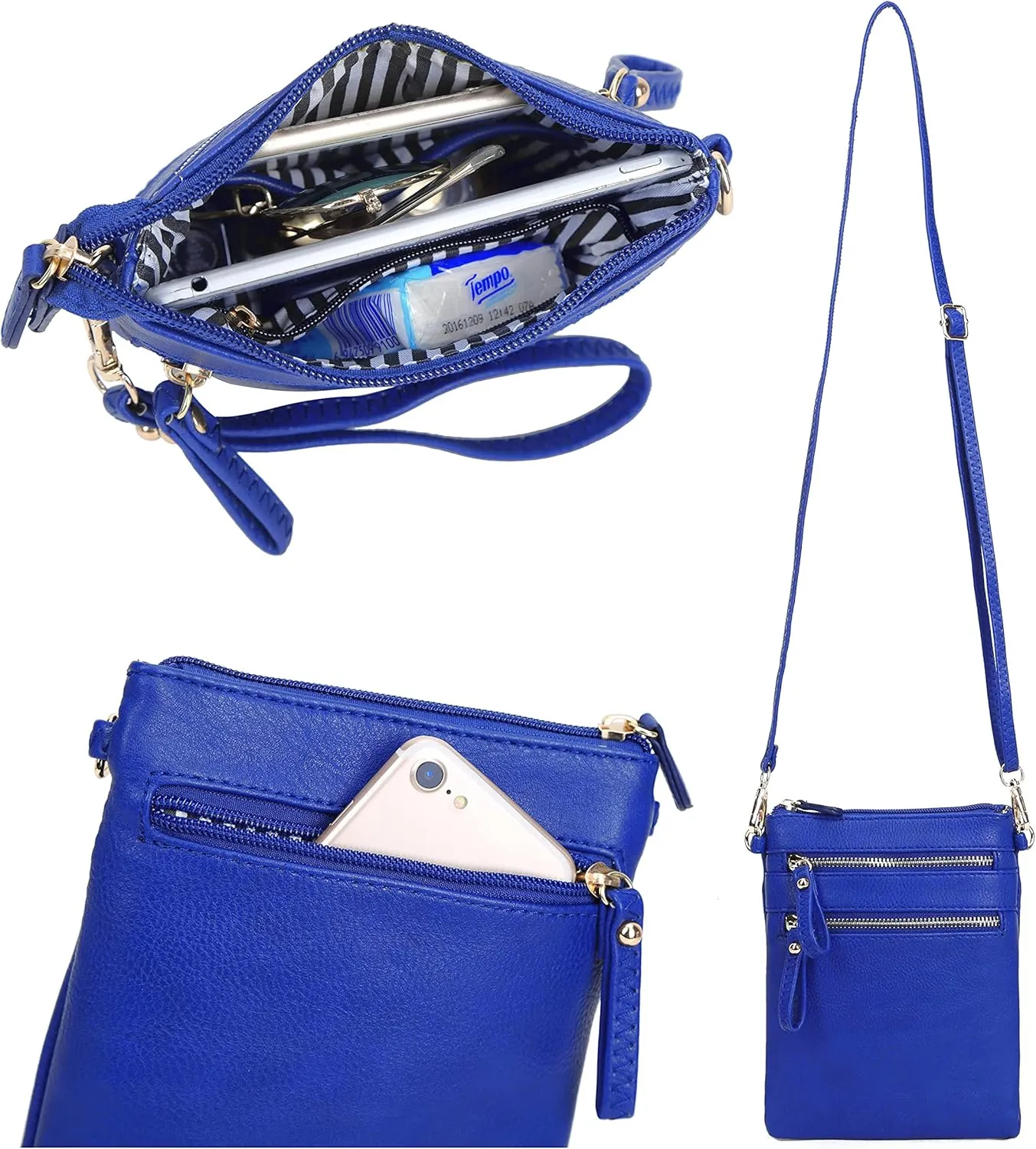 Solene Small Crossbody Bag for Women, Multi Zip Pockets with Detachable Wristlet, Lightweight Travel Purse, Cell Phone Pouch
