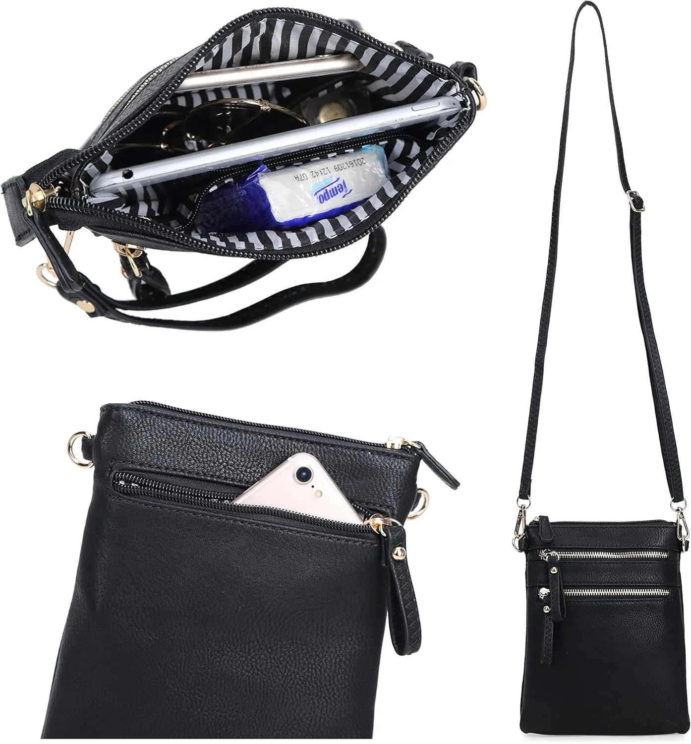 Solene Small Crossbody Bag for Women, Multi Zip Pockets with Detachable Wristlet, Lightweight Travel Purse, Cell Phone Pouch