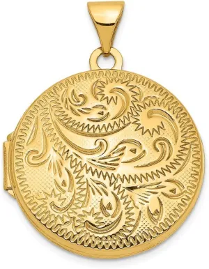 Solid 14k Yellow Gold 20mm Round Fully Scroll Hand Engraved Locket Pendant (30mm Height x 21mm Width)