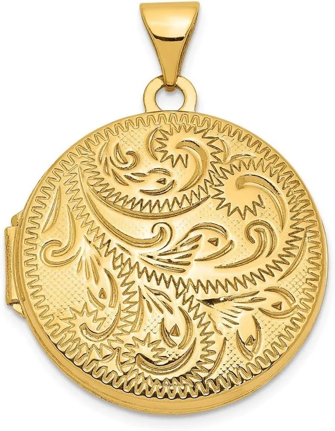 Solid 14k Yellow Gold 20mm Round Fully Scroll Hand Engraved Locket Pendant (30mm Height x 21mm Width)