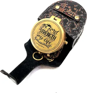 Solid Brass Pocket Magnetic Compass “The Lord is Strength of My Life” Quote Engraved on Top with Leather Case