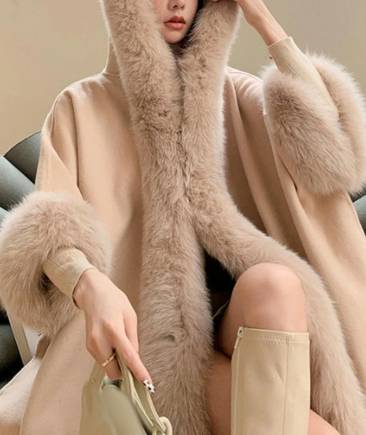 SOMTHRON Women's Faux Fur Trim Shawl Wrap Poncho Cape Coat Open Front Winter Fringe Hooded Knitted Sweater Cardigan