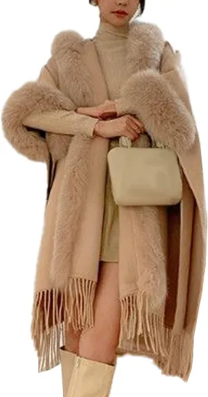 SOMTHRON Women's Faux Fur Trim Shawl Wrap Poncho Cape Coat Open Front Winter Fringe Hooded Knitted Sweater Cardigan