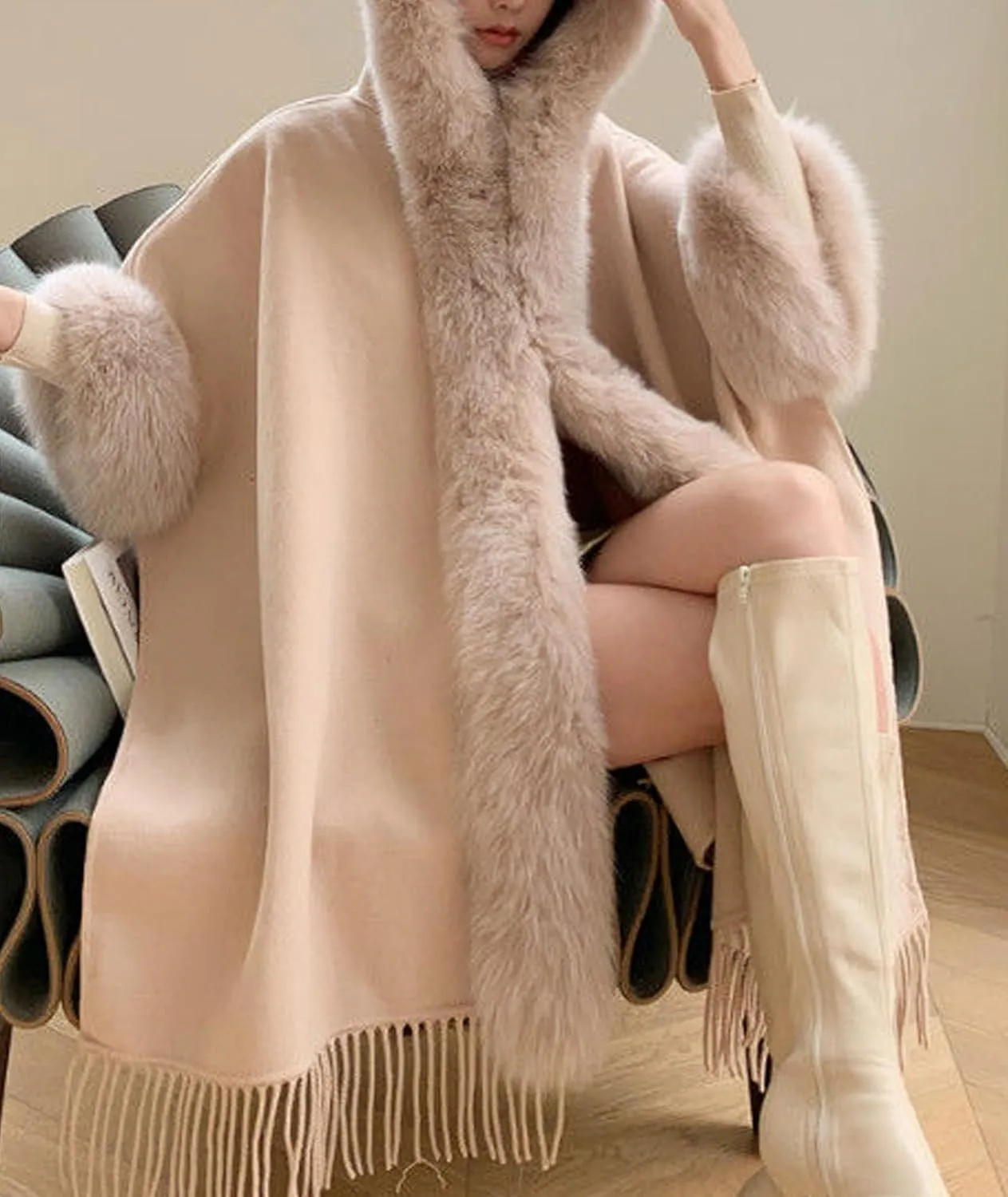 SOMTHRON Women's Faux Fur Trim Shawl Wrap Poncho Cape Coat Open Front Winter Fringe Hooded Knitted Sweater Cardigan