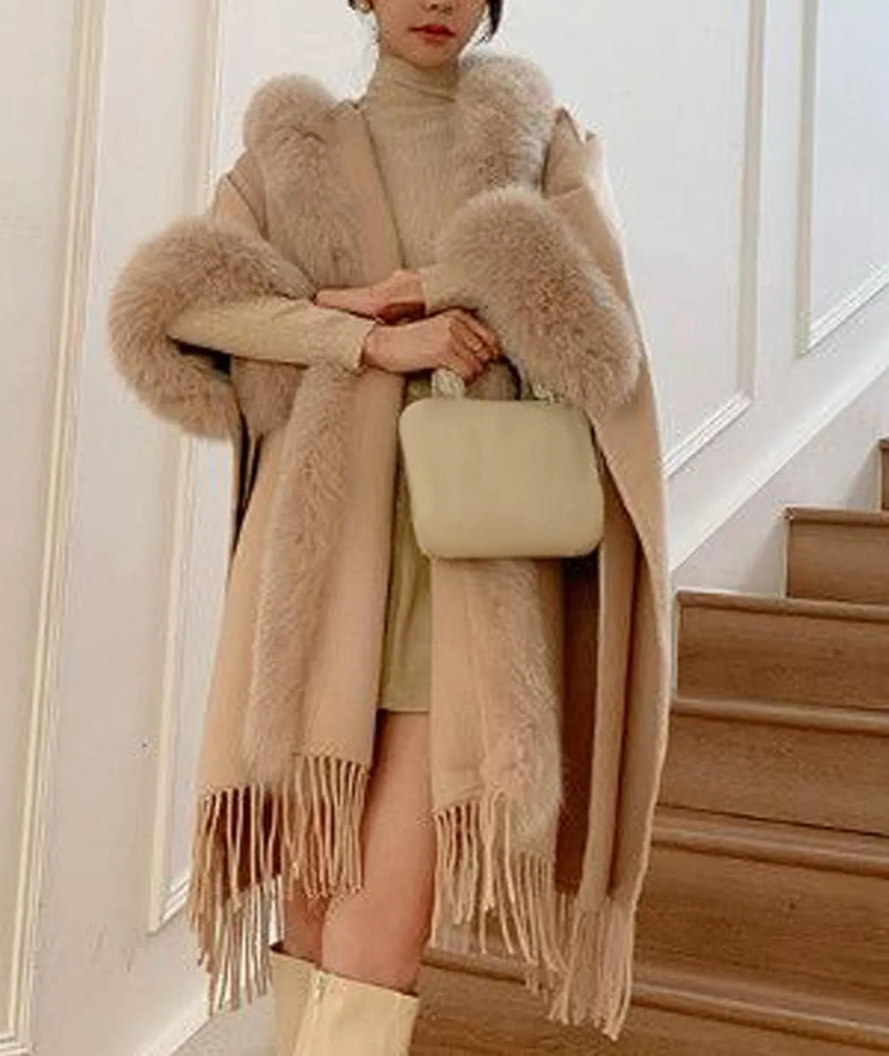 SOMTHRON Women's Faux Fur Trim Shawl Wrap Poncho Cape Coat Open Front Winter Fringe Hooded Knitted Sweater Cardigan
