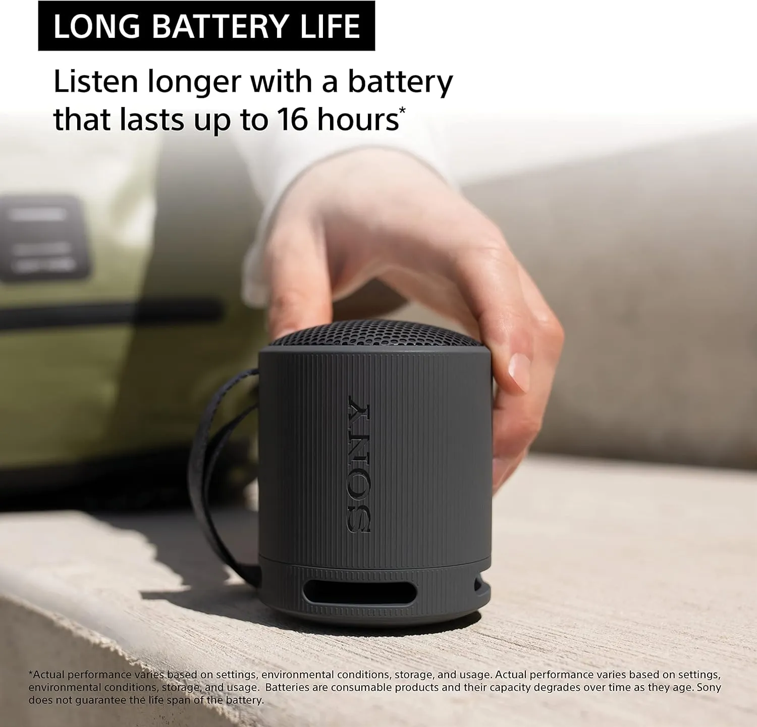 Sony SRS-XB100 Wireless Bluetooth Portable Lightweight Super-Compact Travel Speaker, Durable IP67 Waterproof & Dustproof Shower Speaker, 16 Hr Battery, Versatile Strap, Hands-free Calling, Light Gray