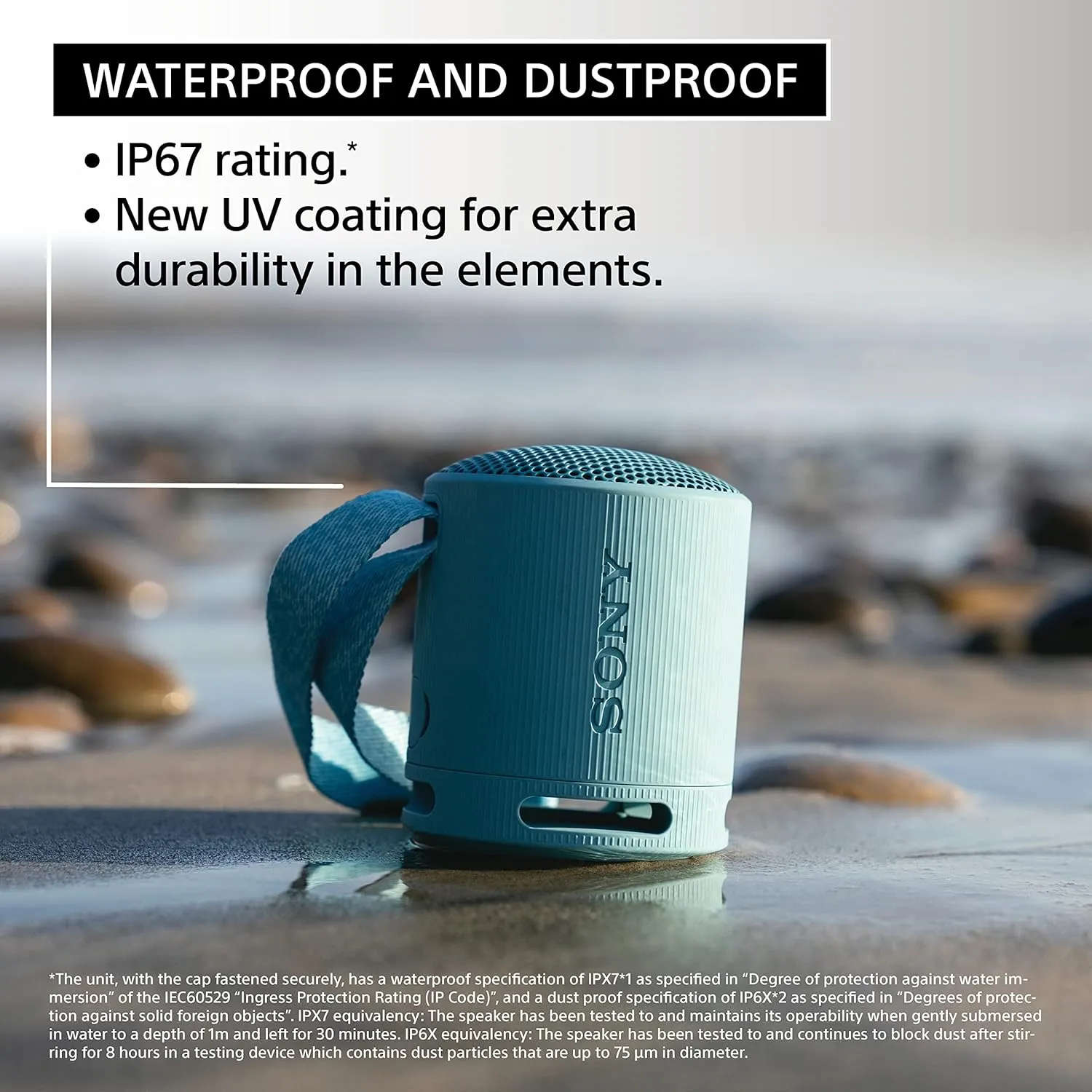Sony SRS-XB100 Wireless Bluetooth Portable Lightweight Super-Compact Travel Speaker, Durable IP67 Waterproof & Dustproof Shower Speaker, 16 Hr Battery, Versatile Strap, Hands-free Calling, Light Gray