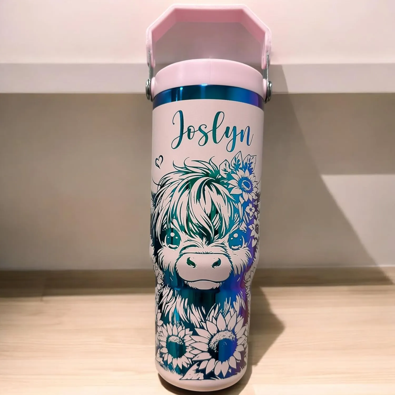 Stainless steel water bottle 40oz cup Longhorn Bottle Bull tumbler Cow gift Western cup Western water bottle (30oz Pink/rainbow(69)-Cute cow(E3))