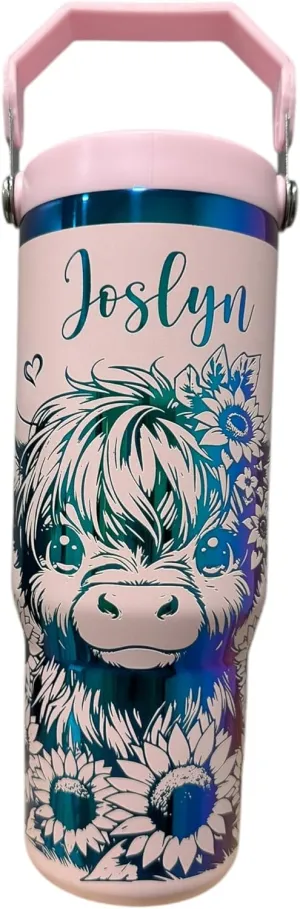 Stainless steel water bottle 40oz cup Longhorn Bottle Bull tumbler Cow gift Western cup Western water bottle (30oz Pink/rainbow(69)-Cute cow(E3))