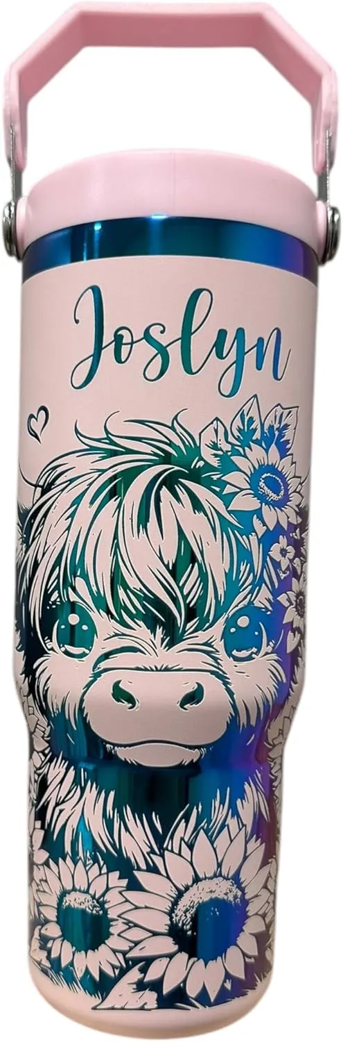 Stainless steel water bottle 40oz cup Longhorn Bottle Bull tumbler Cow gift Western cup Western water bottle (30oz Pink/rainbow(69)-Cute cow(E3))