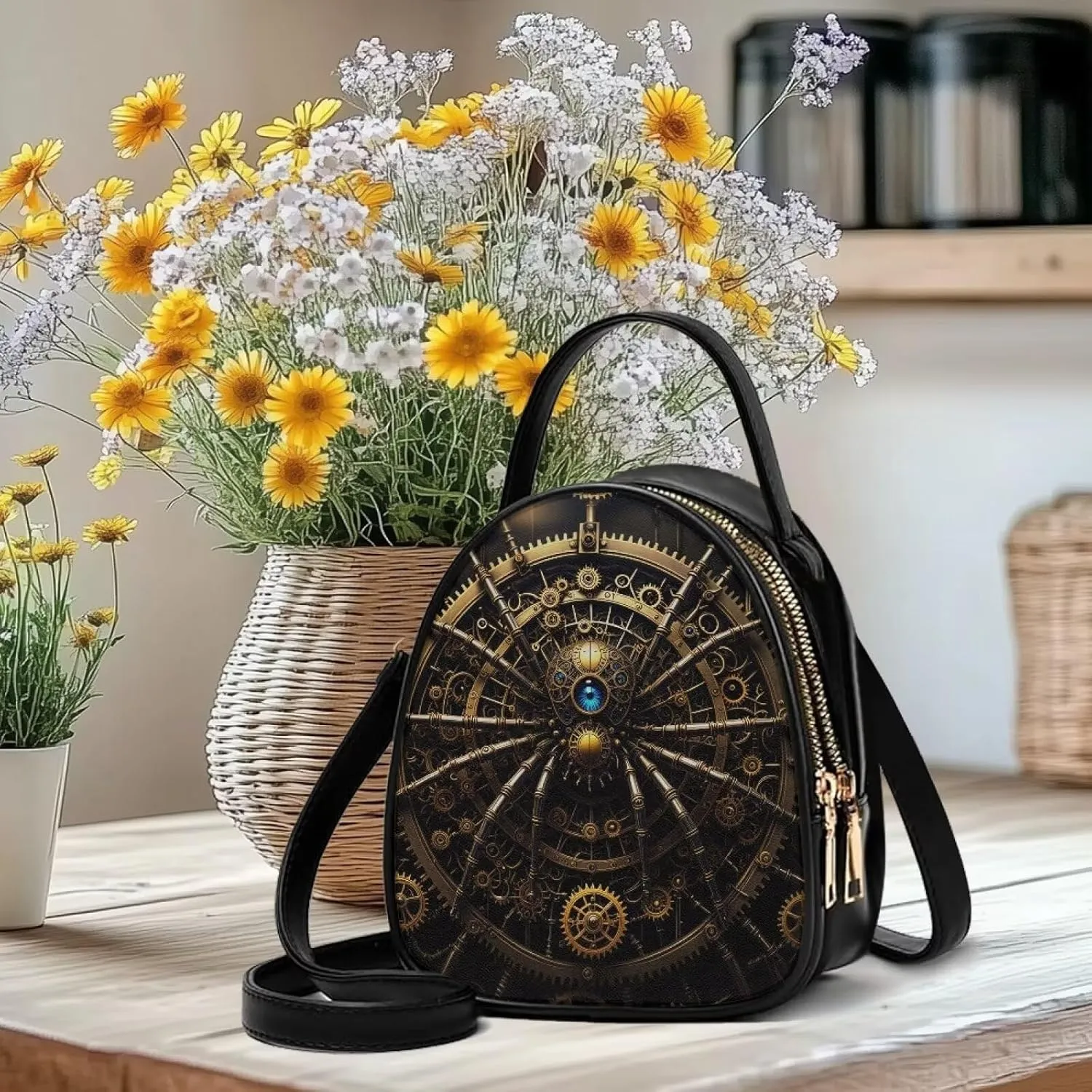 Steampunk Small Crossbody Bag PU Leather Phone Pouch Purse for Women, Top-Handle Shoulder Bags, 6.5x3.15x7.5inch