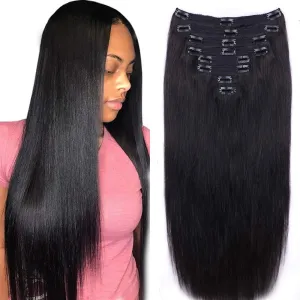 Straight Human Hair Clip in Hair Extensions for Women 100% Unprocessed Full Head Brazilian Virgin Hair Natural Black Color,8/Pcs with 18Clips,120 Gram (16inch, Straight hair)